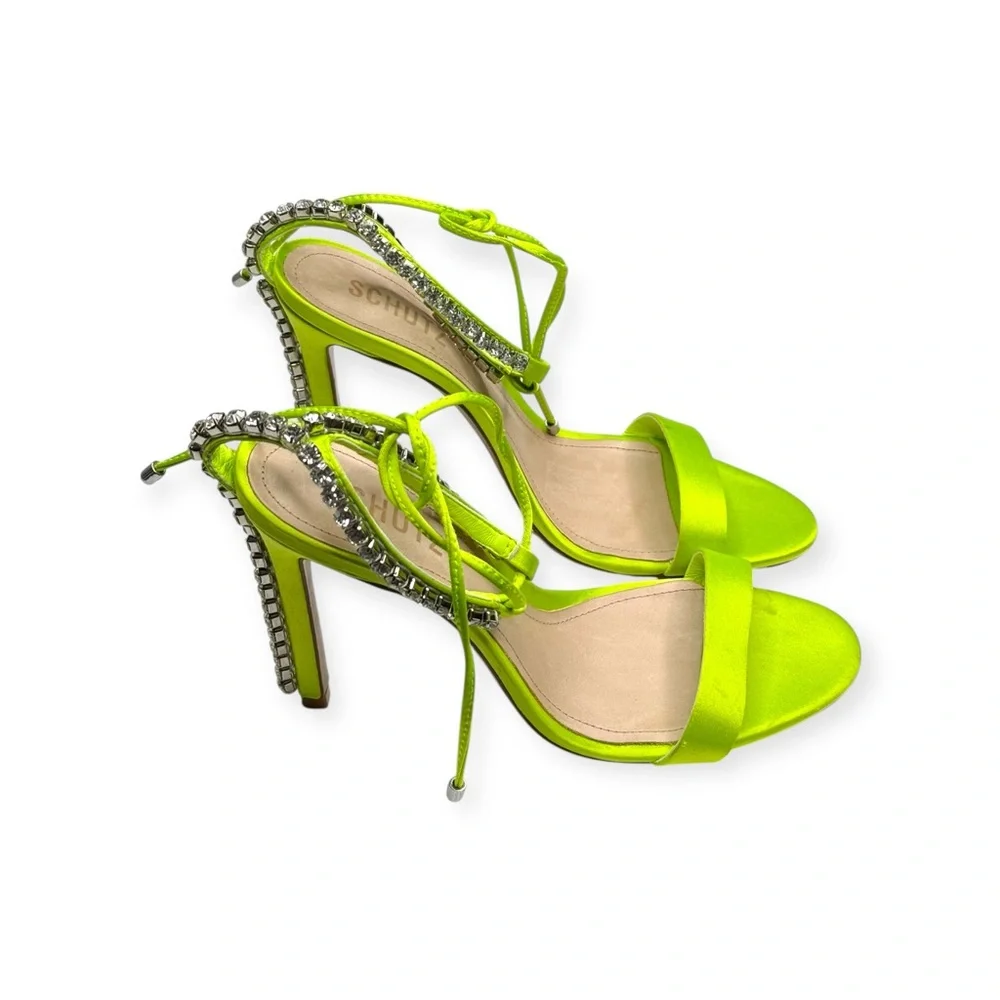 new Schutz 𒀭 Islah Satin + Crystal Heeled Sandals 𒀭Fresh Green [Neon] 𒀭 7.5M